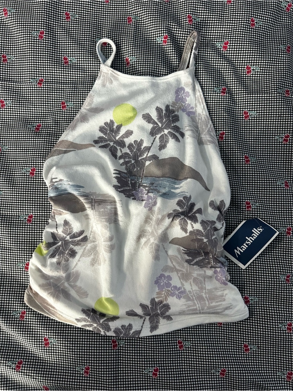 Gilly Hicks White Tropical Print Cropped Tank with Yellow Accents